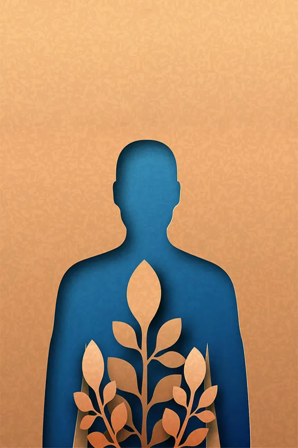 A human body shape cut out of cardboard with blue paper underneath and cardboard leaves on top, symbolizing functional medicine treatment from Tasmin Cordie, D.C. of Sage Functional Medicine in Marlboro Township.