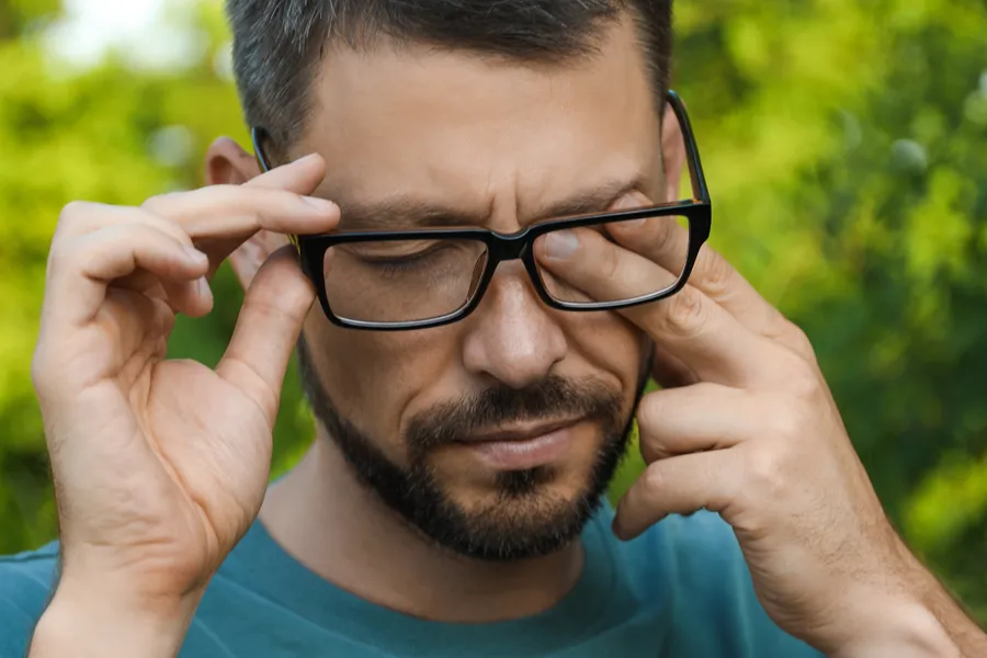 A man with allergies rubs his eyes. Schedule treatment for seasonal allergies from Tasmin Cordie, D.C. of Sage Functional Medicine in Marlboro Township.